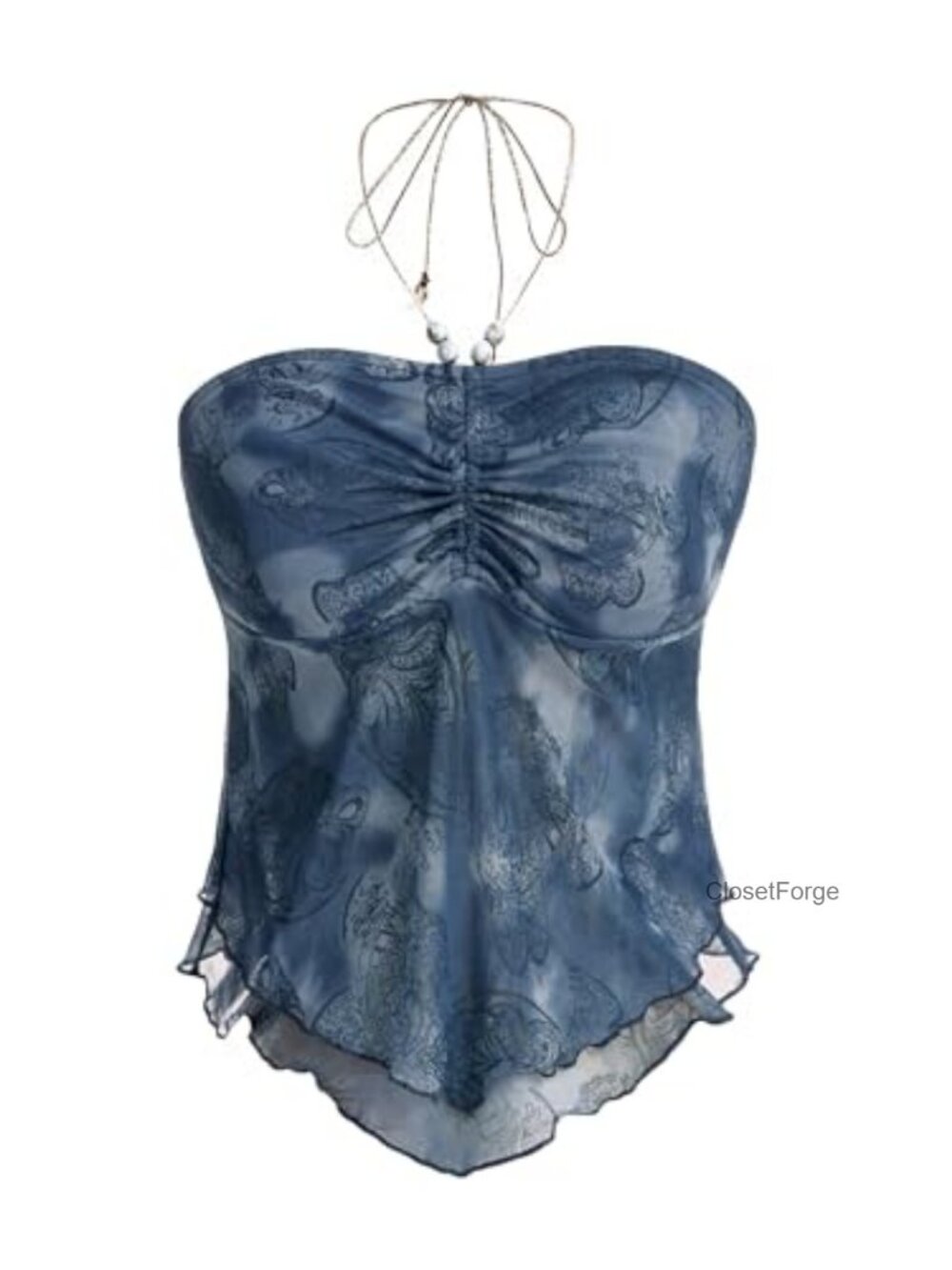 Beaded Halter Ruched Lettuce Trim Asymmetrical Hem Cami Crop Top